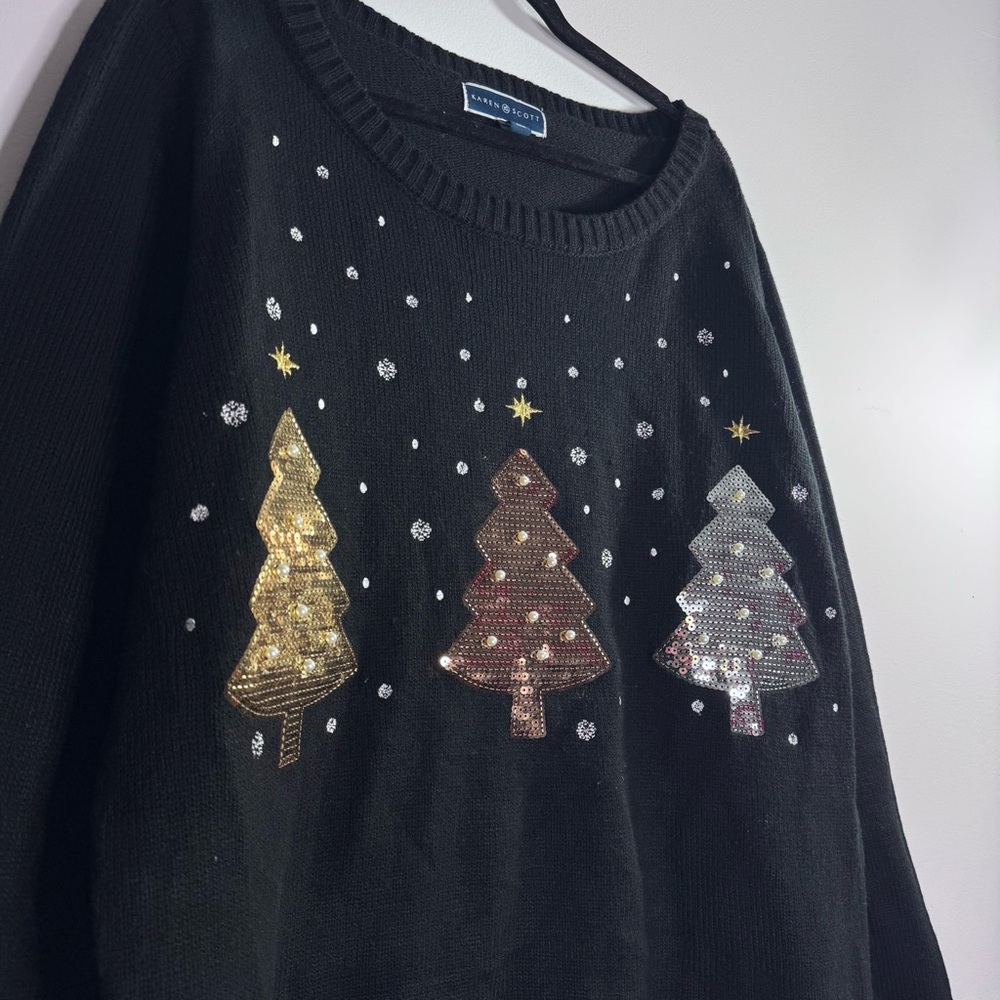 Karen Scott Sequin Christmas Tree Sweater Black Gold Silver Bronze 2X Holiday
